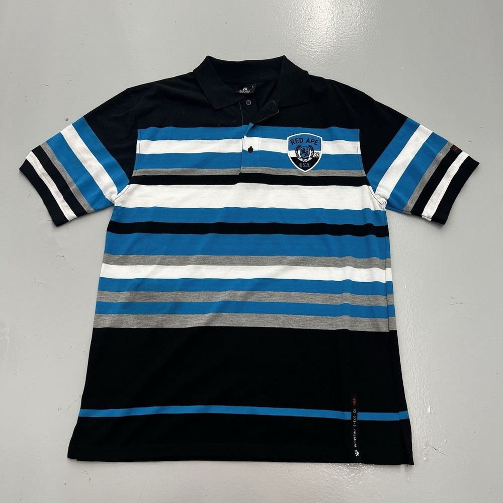 Red Ape Mens Large Black Blue White Striped Crest Patch Short Sleeve Polo Shirt